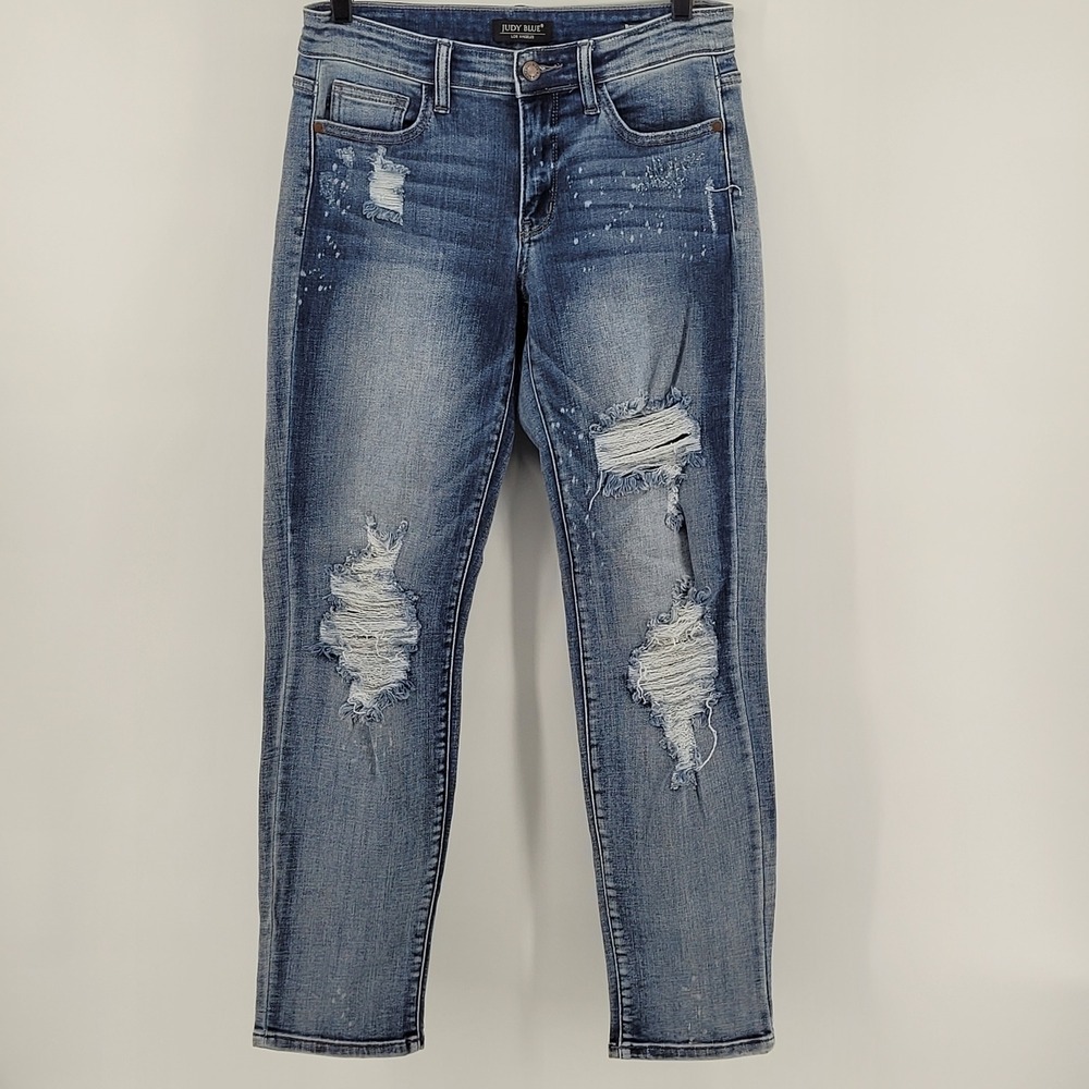 Judy Blue Boyfriend Fit Jeans 5/27‎ Distressed Ripped Light Wash Denim